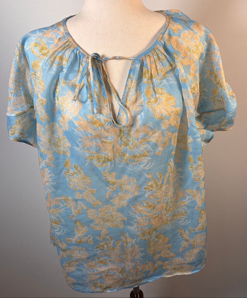 Lafayette 148 New York Floral Peasant Blouse Tie Neck Short Sleeve M/L